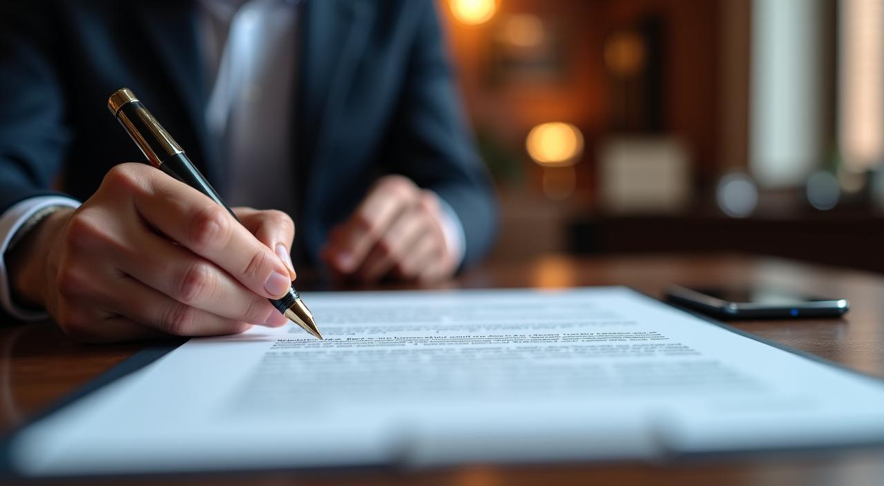Un abogado revisando minuciosamente un contrato legal en una oficina moderna en Madrid
